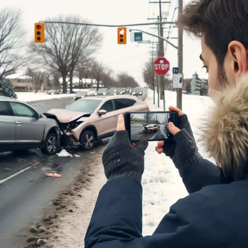 DALL·E 2024 05 01 11.14.14 A person using their smartphone to take pictures of a two car collision at an intersection in Canada. The scene shows a snowy environment with leafles b 1 Hayden Cantor Personal Injury Lawyer