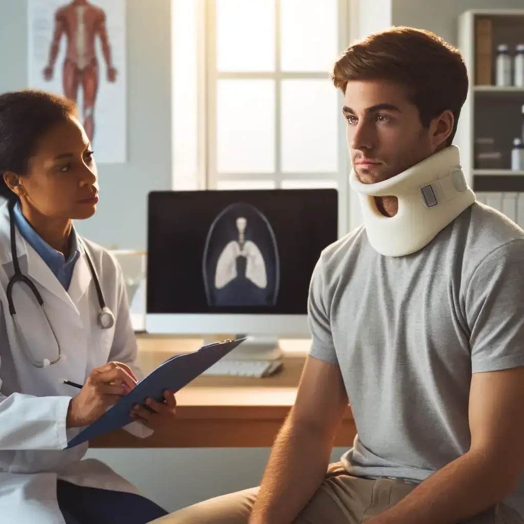 DALL·E 2024 05 01 11.15.38 A person sitting in a doctors office wearing a neck brace. The patient is a Caucasian male looking slightly concerned. The doctor an African Ameri b 3 Hayden Cantor Personal Injury Lawyer